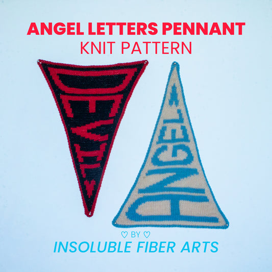 Two triangular knit pennants, one red and black with 'DEVIL' and the other blue and gray with 'ANGEL', on a light blue background. Insoluble Fiber Arts branding is visible.