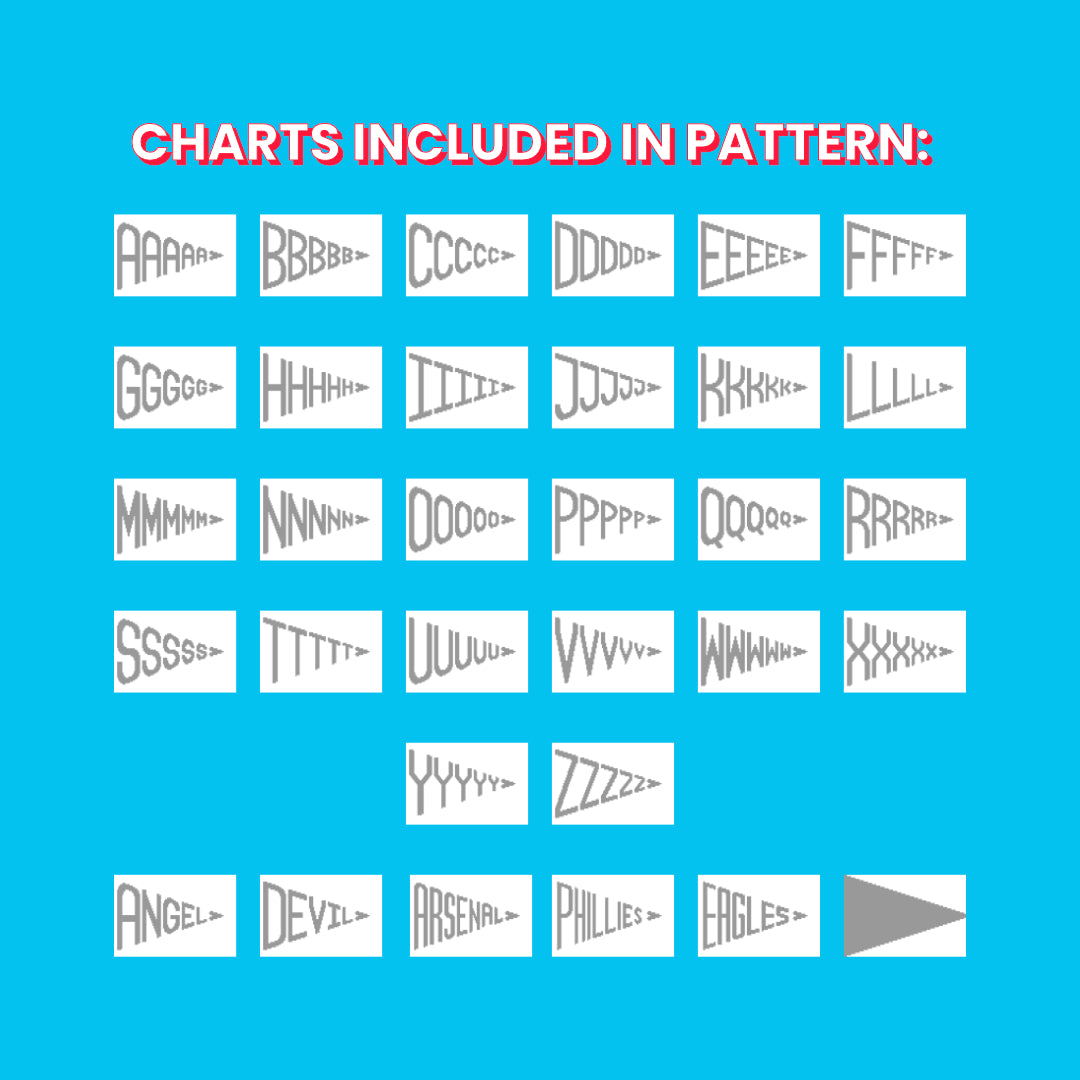 Pattern of letters and words on a blue background with text 'Charts Included in Pattern'.