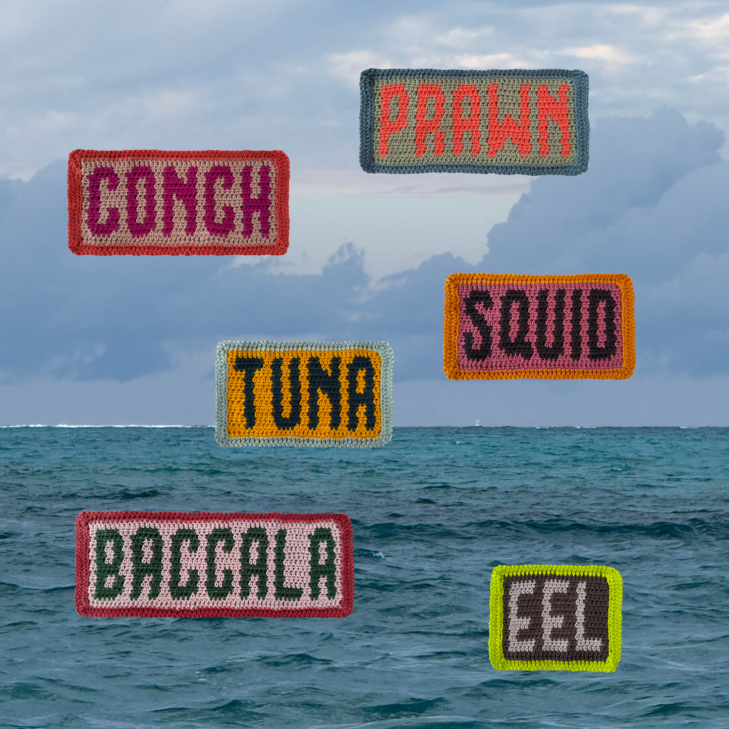 Crochet patches with seafood and fish names floating over an ocean scene
